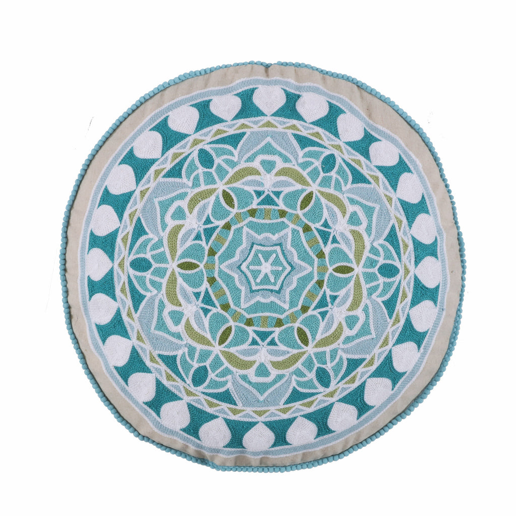 Aquamarine Round Embroidered Pillow